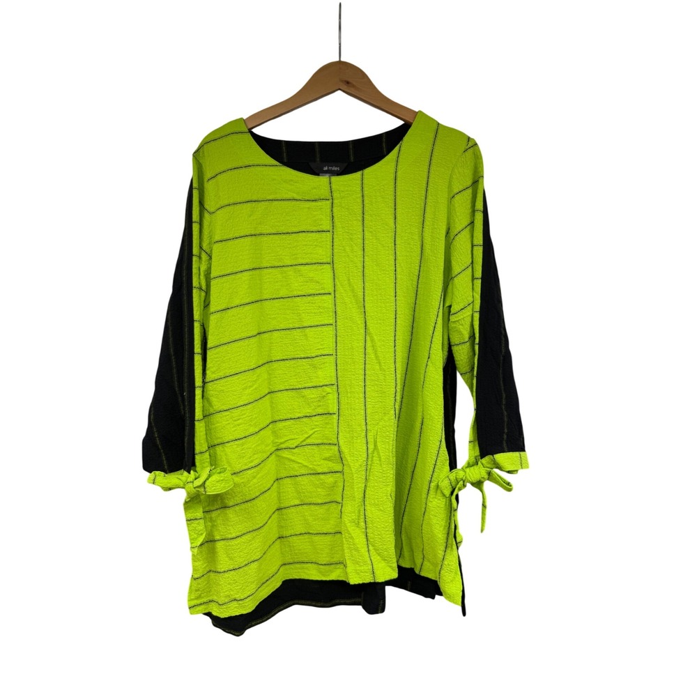Ali Miles Lime Green Black Striped Tunic Tie Sleeve Textured Blouse Lagenlook L